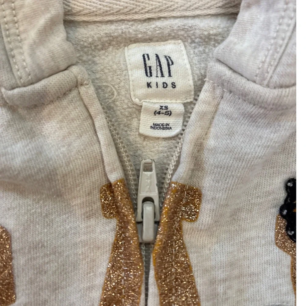 Gap Hoodie Kids Oatmeal Good Glitter Patches Zip Up Sweatshirt SIZE XS 4-5‎